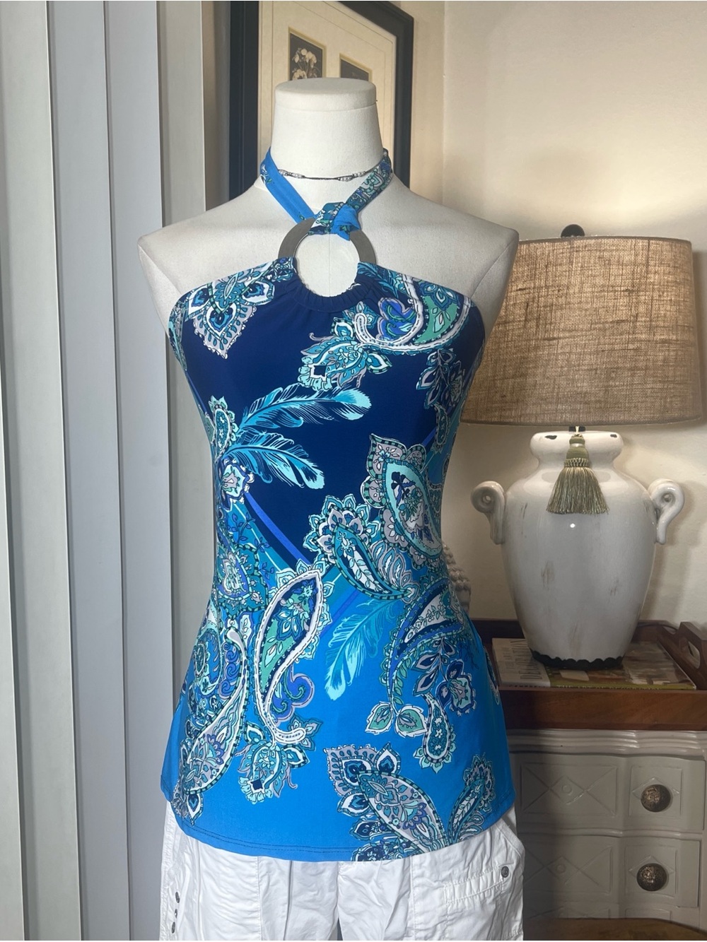 Boston Proper Blue Paisley Strapless Halter Top with Ring